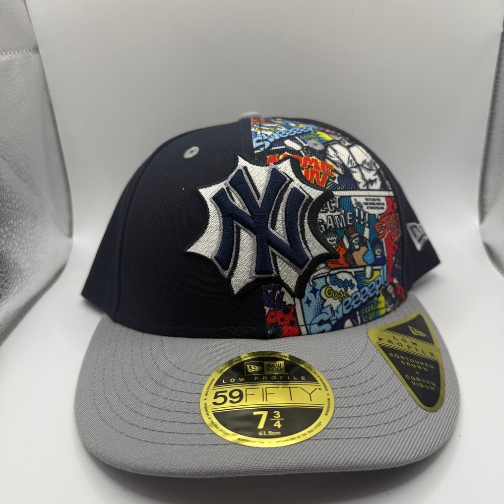 New Era 59FIFTY Low Profile NY Yankees Comic Print Fitted Hat 7 3/4 Navy Grey